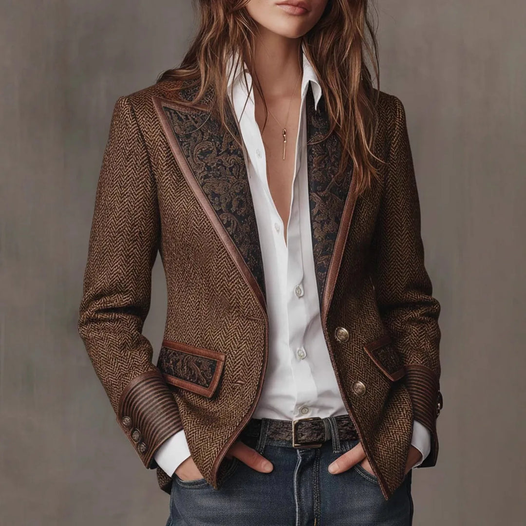 Aria | Women's Herringbone Panel Blazer - Brown