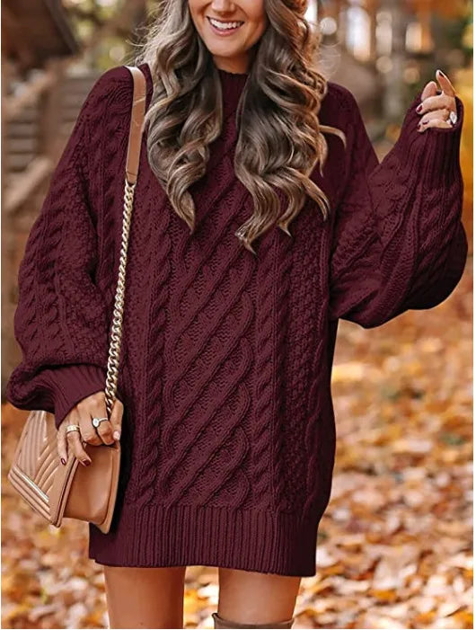 Aya | Women's Oversized Cable Knit Sweater  - Color:Burgundy;Size:XS