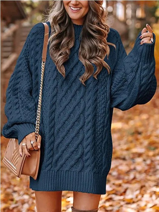 Aya | Women's Oversized Cable Knit Sweater  - Color:Navy Blue;Size:XS