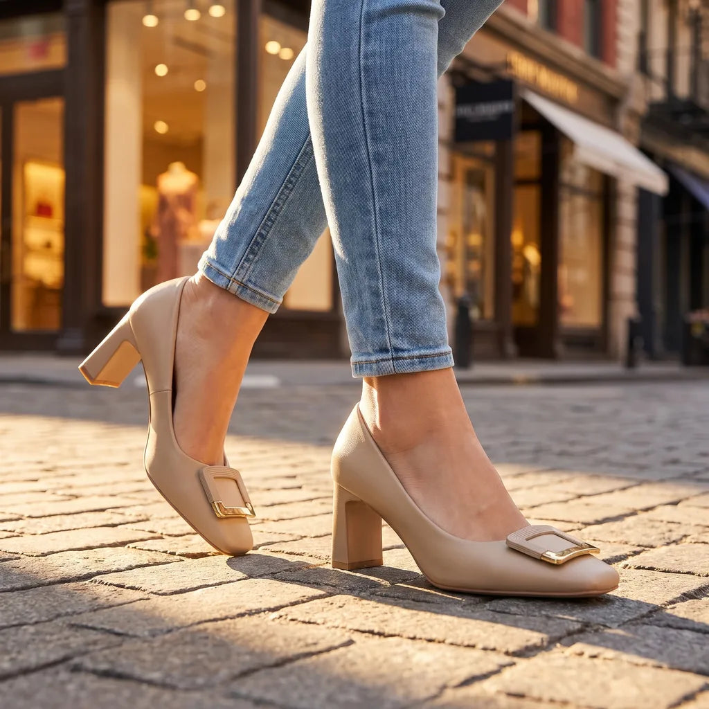 Women's Beige Charlton Square Buckle Pumps