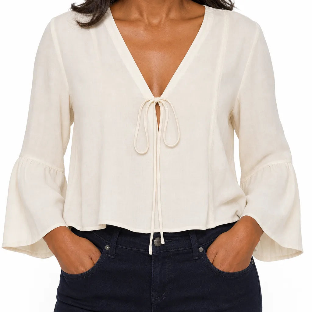 Beatrix | Women's Lace-up Kimono Top - Color:Beige;Size:S