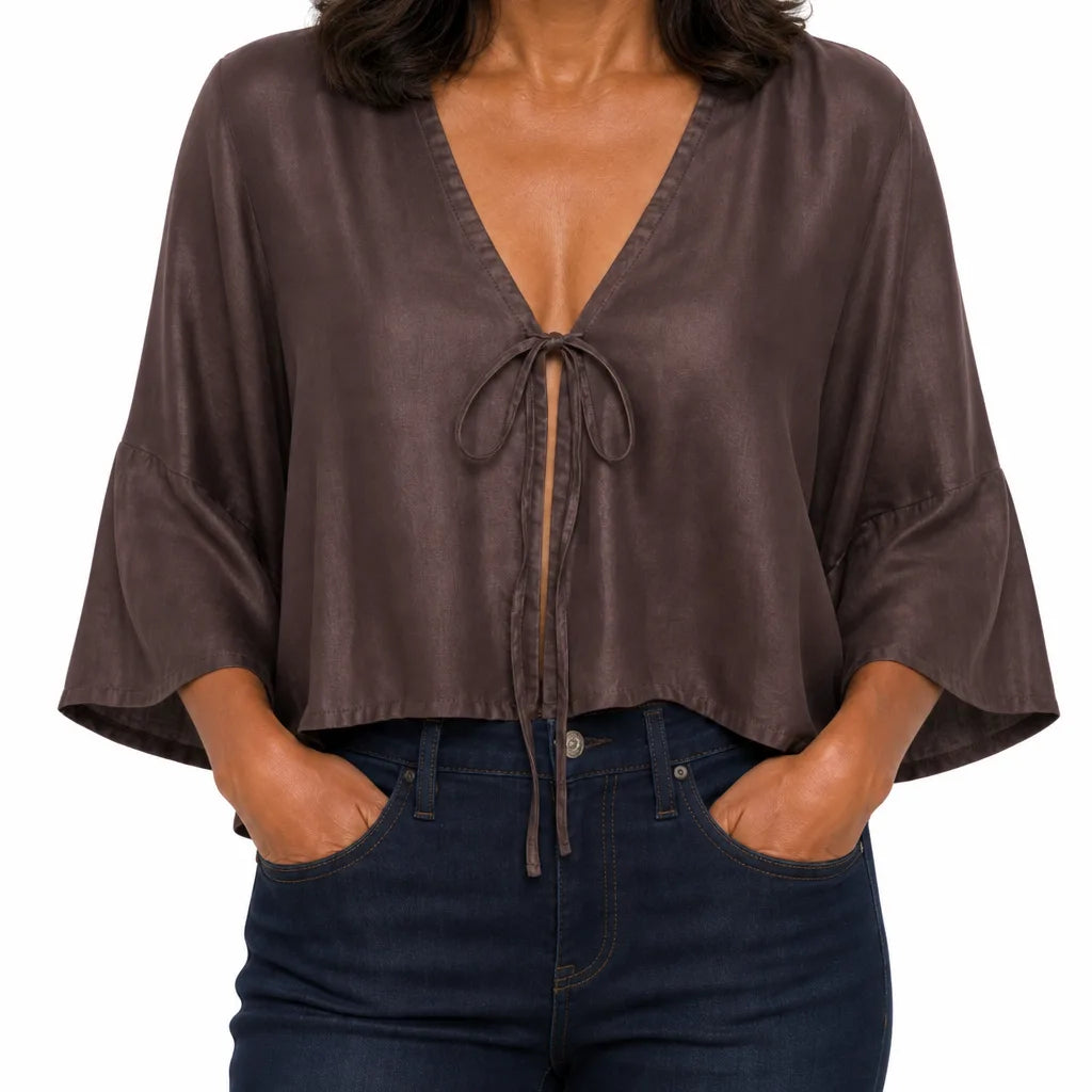 Beatrix | Women's Lace-up Kimono Top - Color:Brown;Size:S