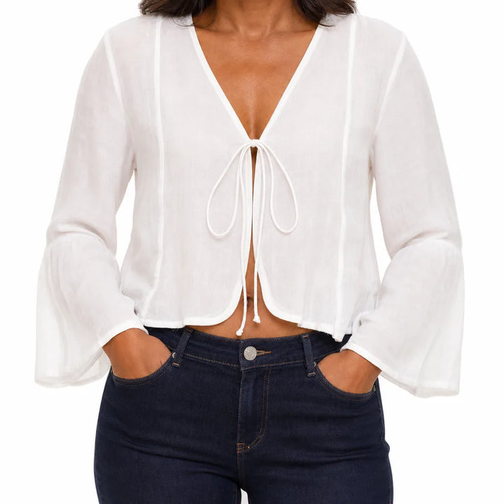 Beatrix | Women's Lace-up Kimono Top - Color:White;Size:S