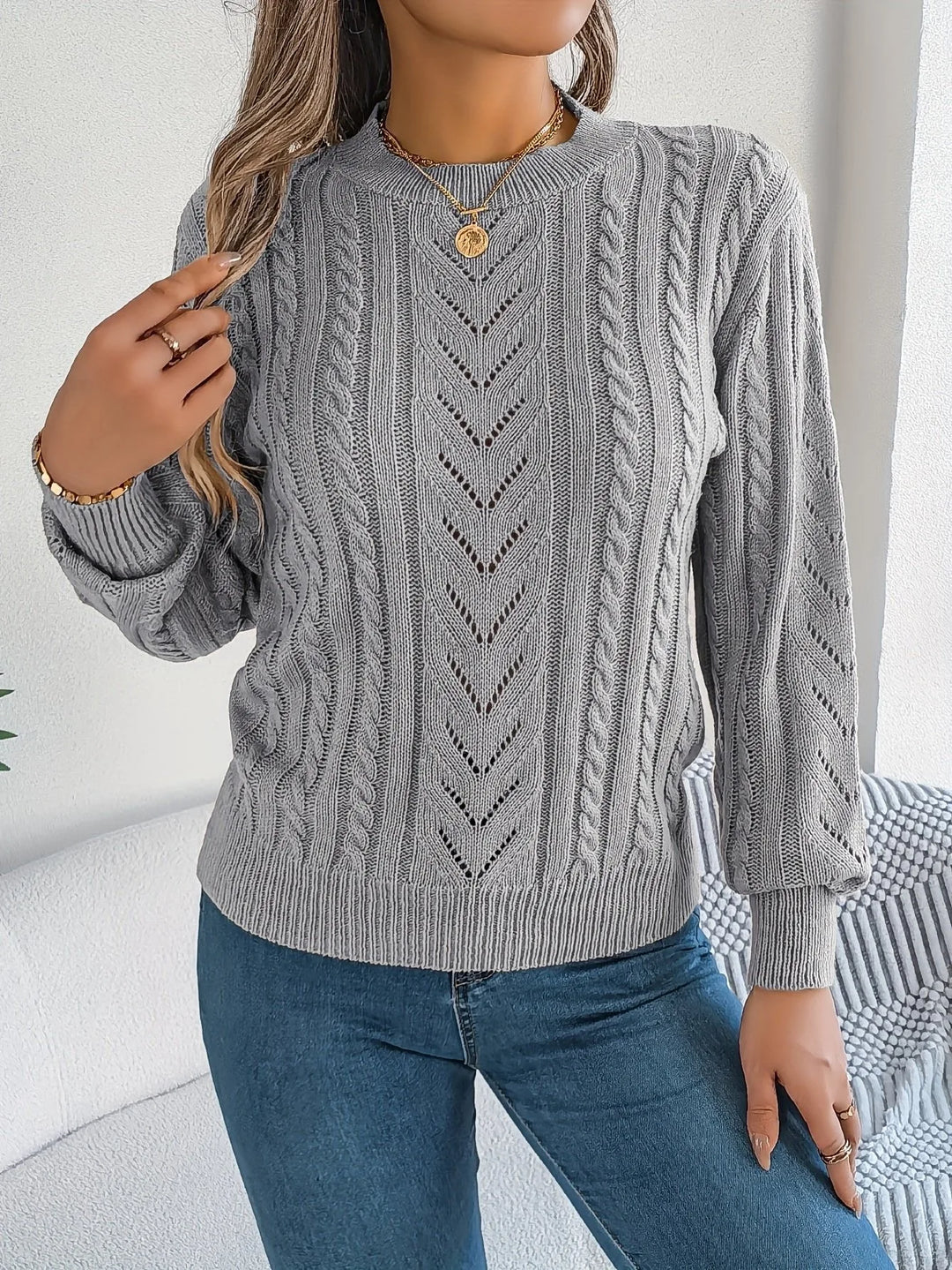 Beattie | Women's Cable Knit Sweater  - Color:Gray;Size:XS