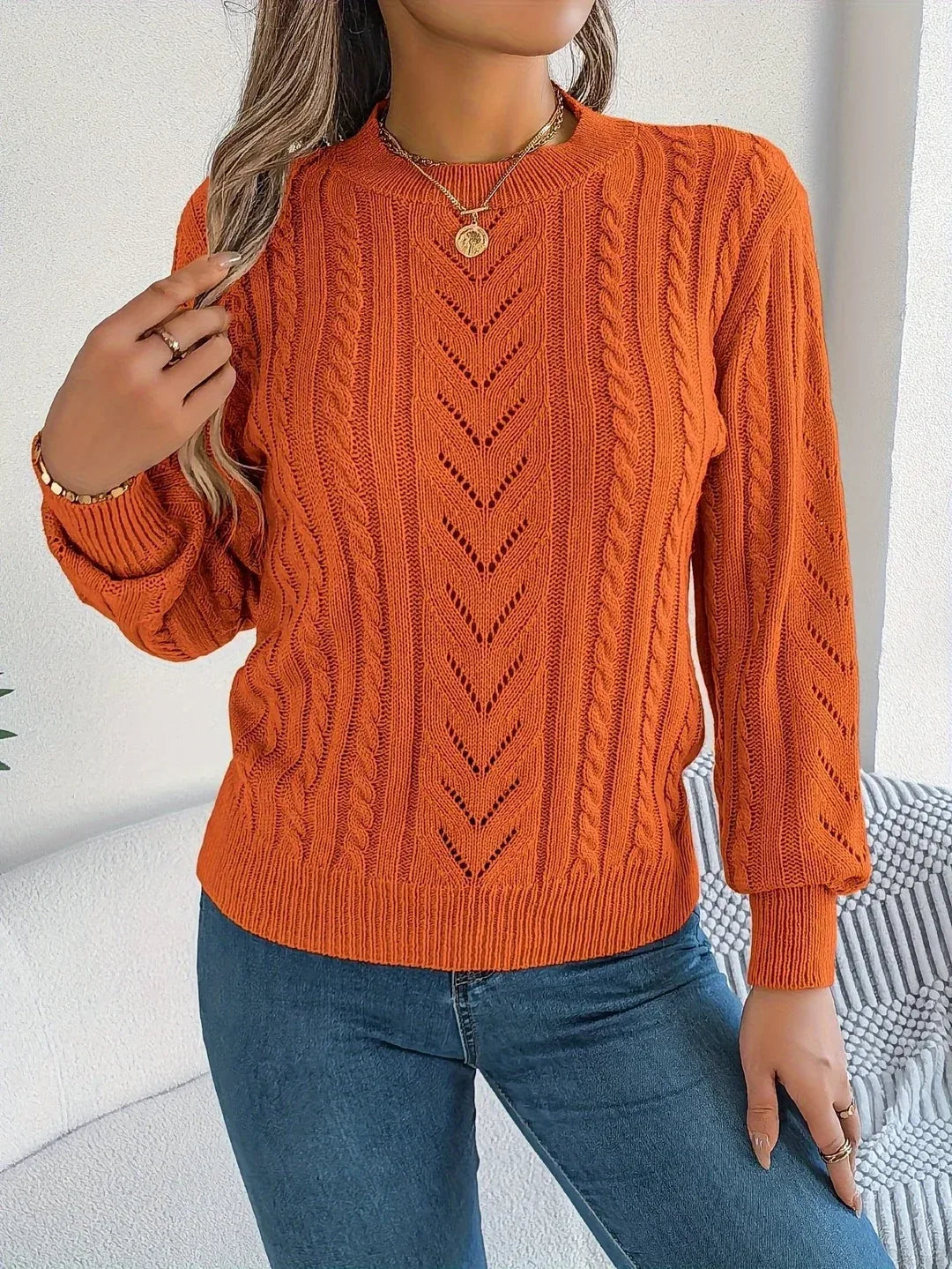 Beattie | Women's Cable Knit Sweater  - Color:Orange;Size:XS