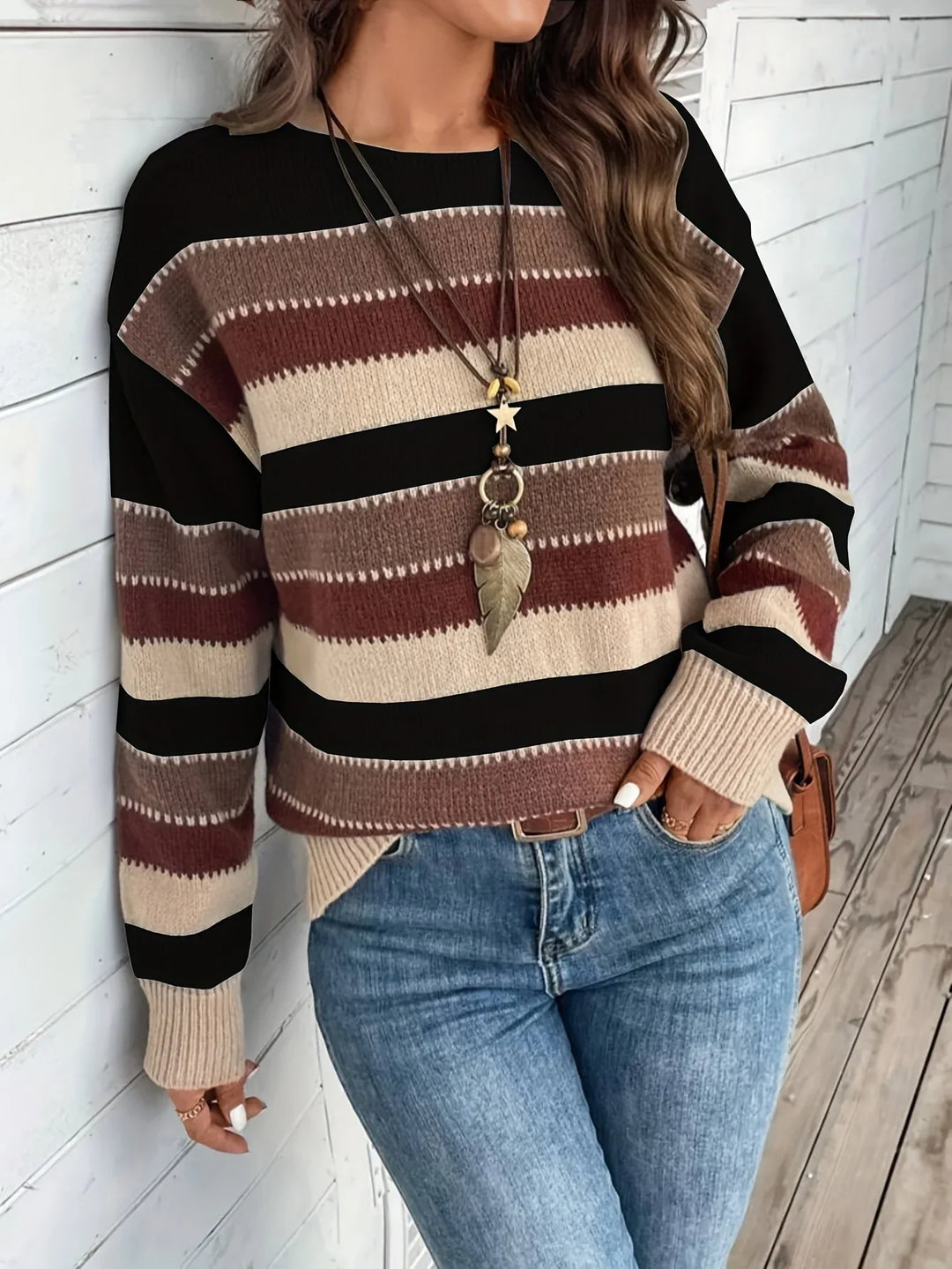 Blaine | Women's Cozy Striped Round-Neck Sweater  - Color:Black;Size:XS