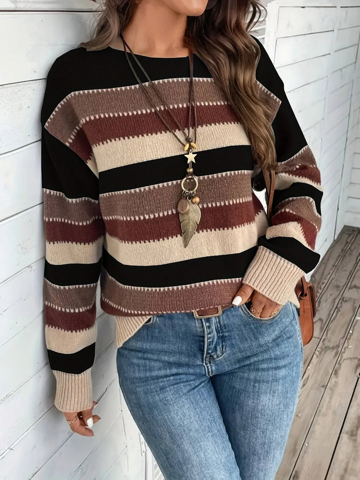 Blaine | Women's Cozy Striped Round-Neck Sweater  - Color:Black;Size:XS