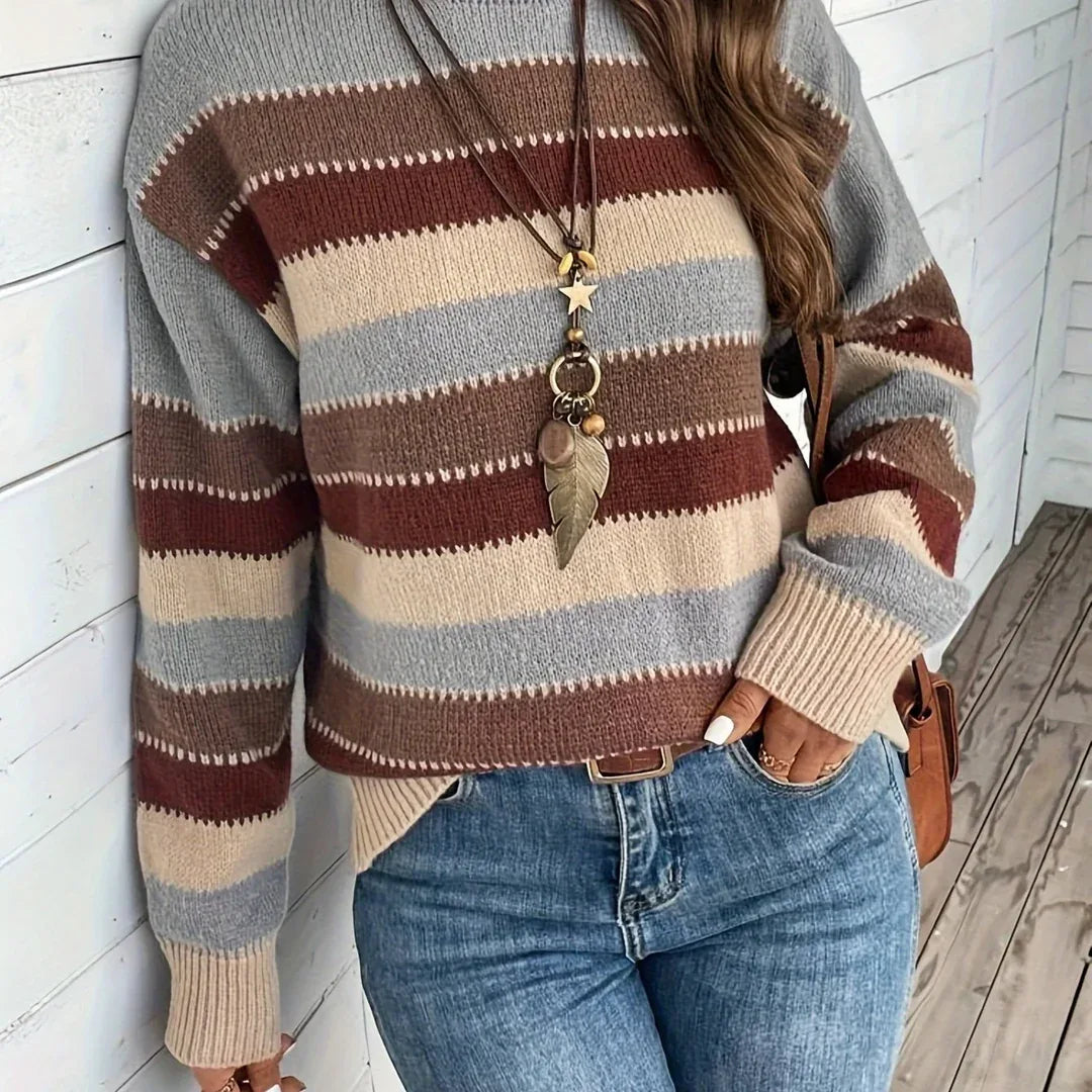 Blaine | Women's Cozy Striped Round-Neck Sweater  - Color:Grey & Brown;Size:XS
