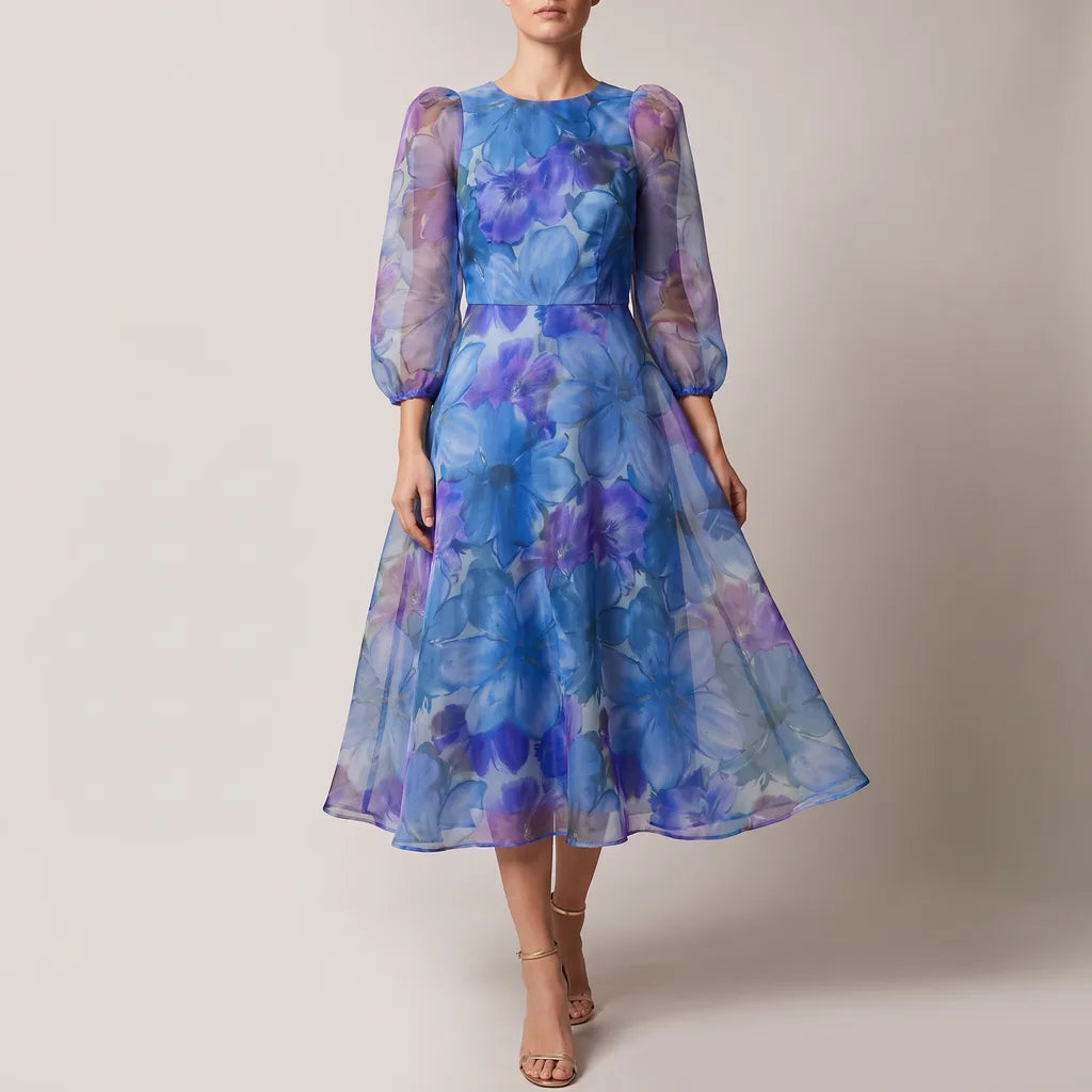 Bloom Floral Midi Dress - Color:Blue;Size:XS