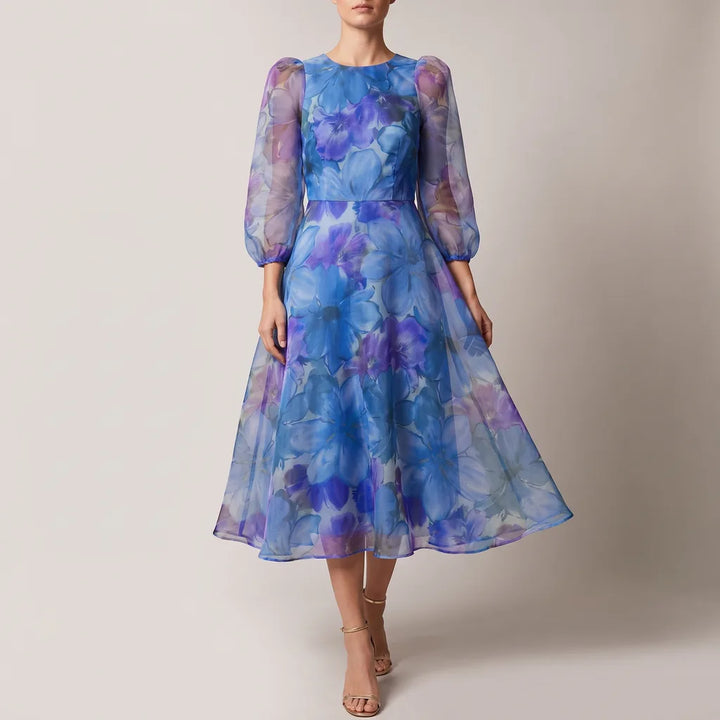 Bloom Floral Midi Dress - Color:Blue;Size:XS