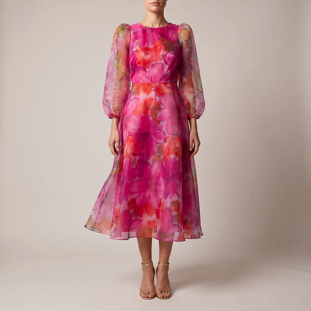 Bloom Floral Midi Dress - Color:Pink;Size:XS