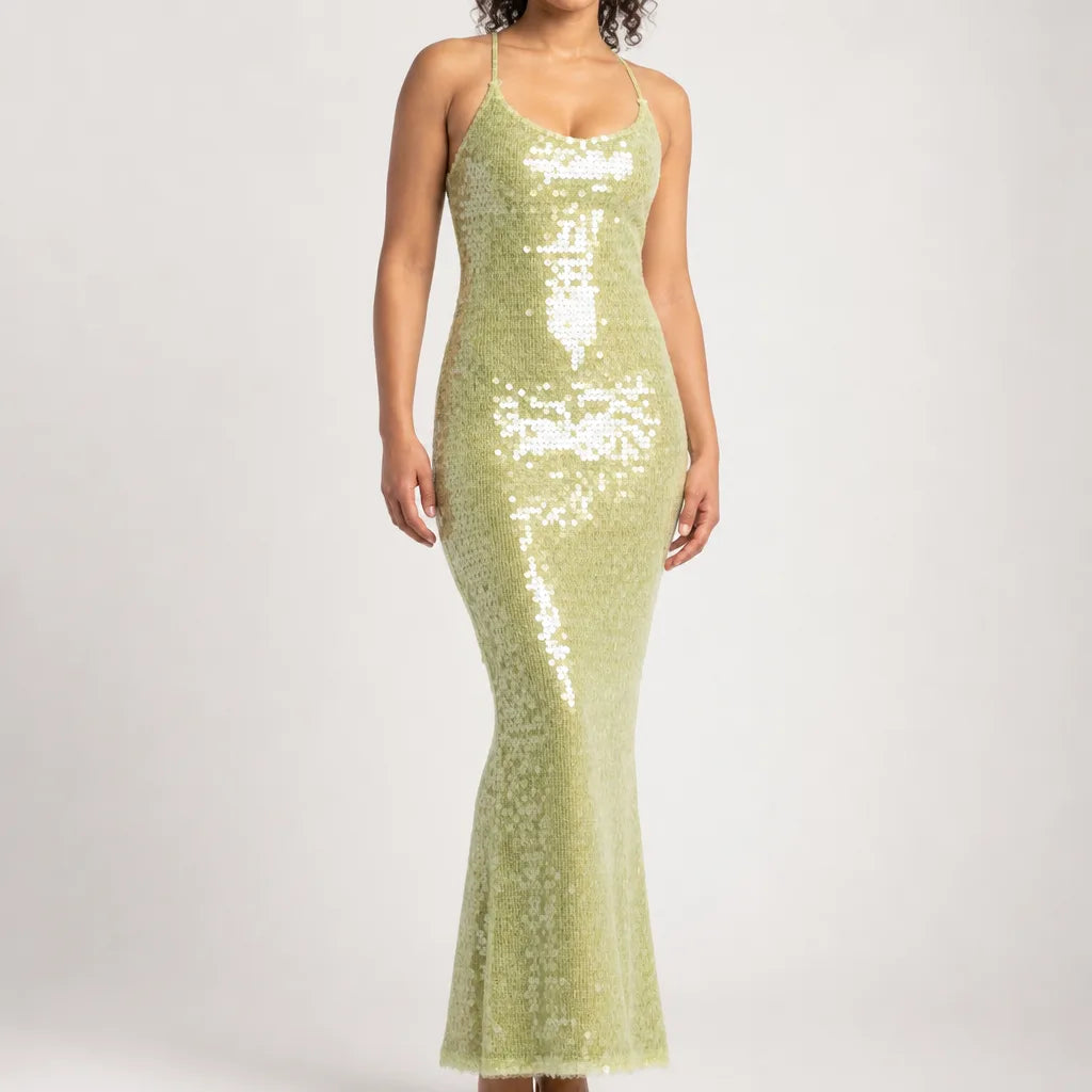 Camille | Elegant Glitter Cocktail Maxi Dress - Color:Green;Size:XS