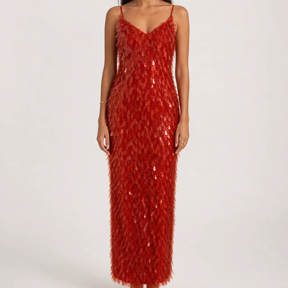 Camille | Elegant Glitter Cocktail Maxi Dress - Color:Red;Size:XS