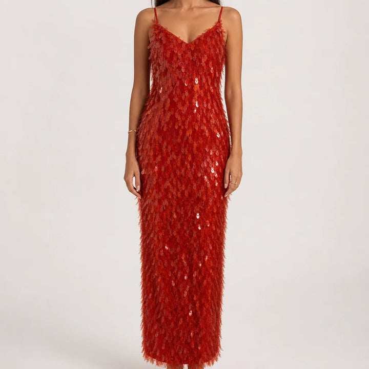 Camille | Elegant Glitter Cocktail Maxi Dress - Color:Red;Size:XS