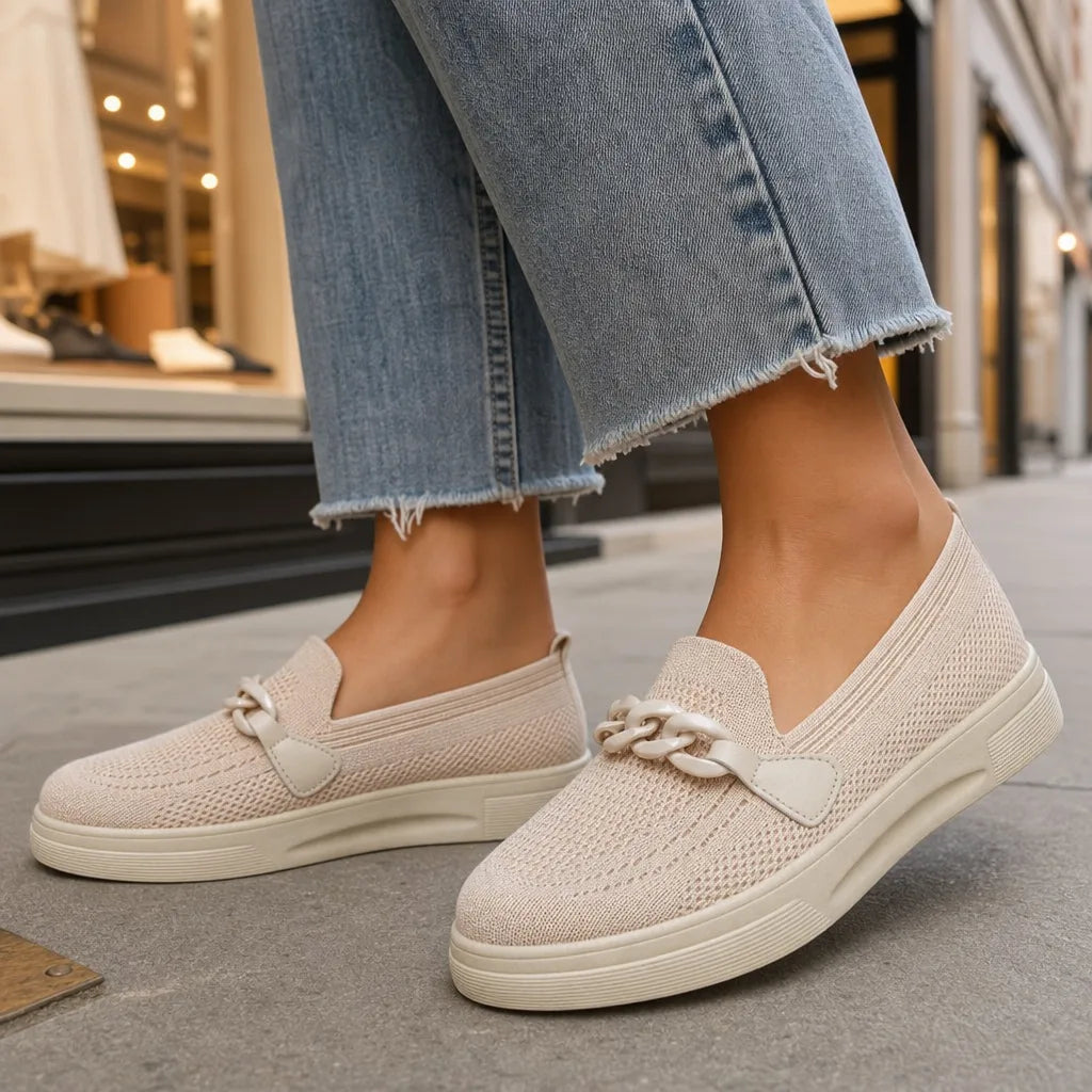 Camille | Stylish Knit Slip-On Shoes - Color:Beige;Size:36