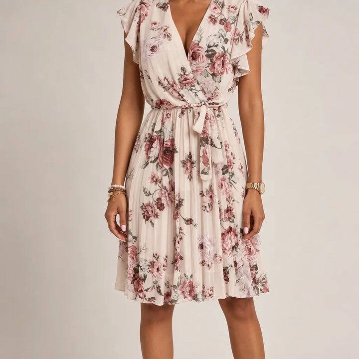 Cassia | Floral Ruffle Dress for Effortless Elegance - Color:Beige;Size:XS