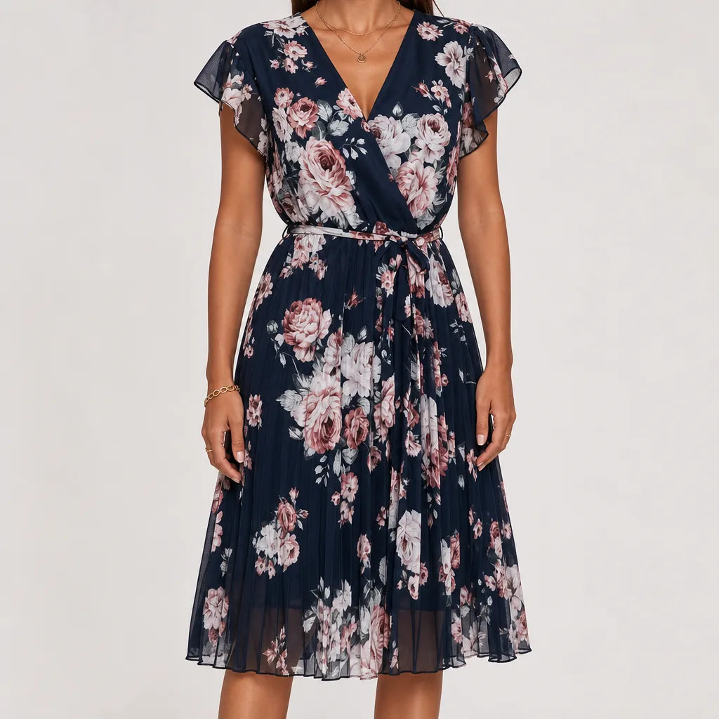 Cassia | Floral Ruffle Dress for Effortless Elegance - Color:Black;Size:XS