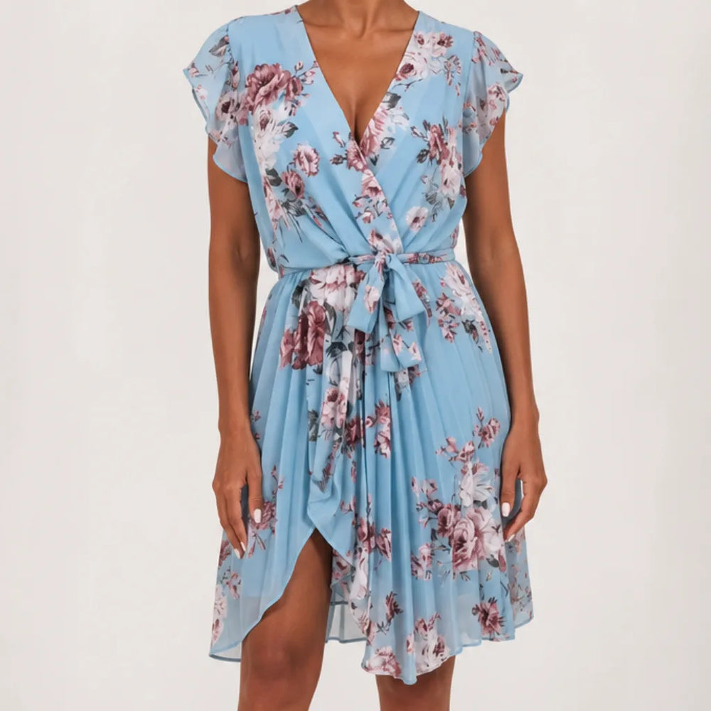 Cassia | Floral Ruffle Dress for Effortless Elegance - Color:Blue;Size:XS