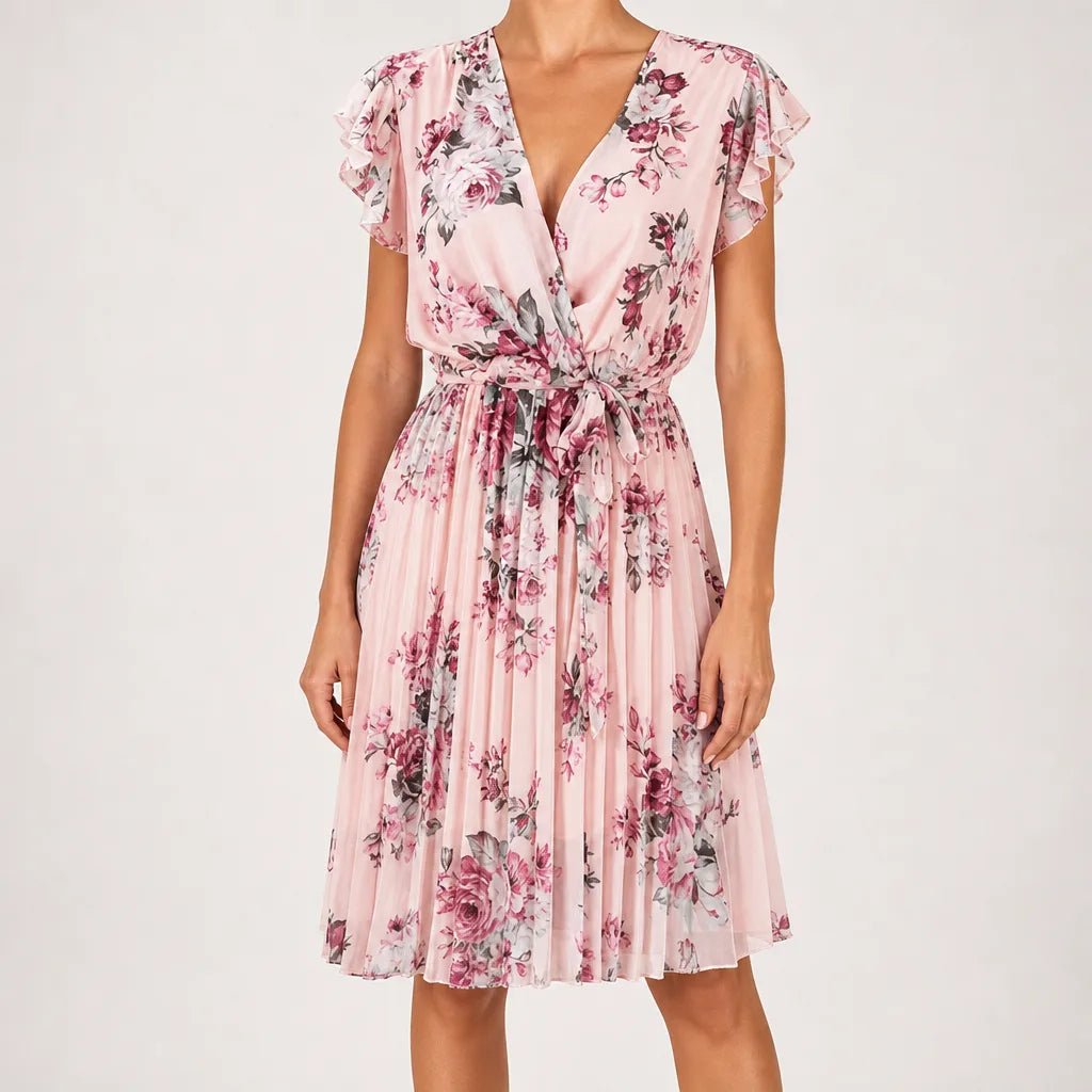 Cassia | Floral Ruffle Dress for Effortless Elegance - Color:Pink;Size:XS