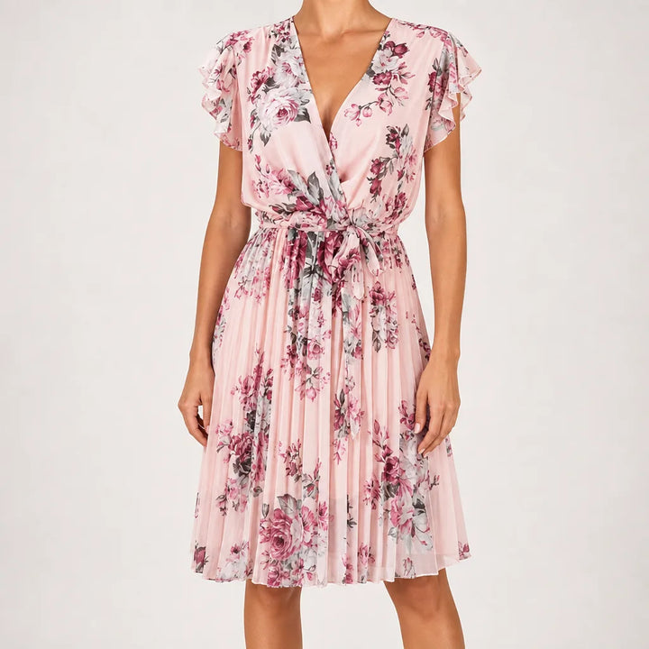 Cassia | Floral Ruffle Dress for Effortless Elegance - Color:Pink;Size:XS