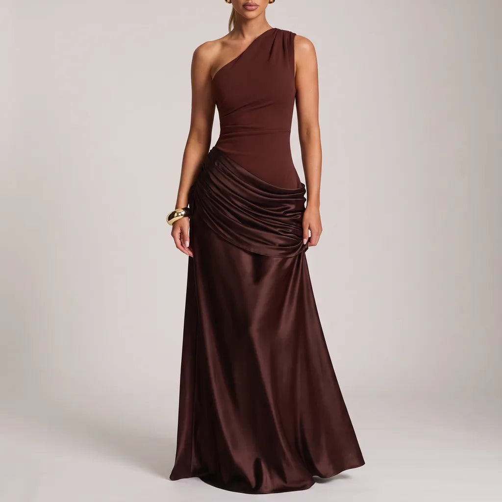 Cassie Draped Silk Dress - Color:Brown;Size:S