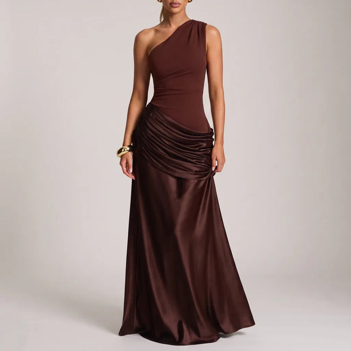 Cassie Draped Silk Dress - Color:Brown;Size:S