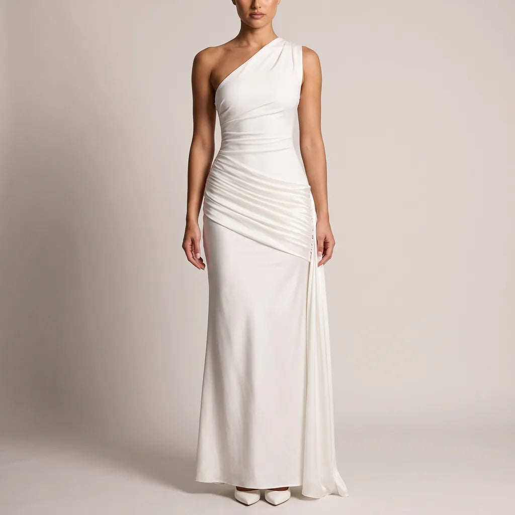 Cassie Draped Silk Dress - Color:White;Size:S
