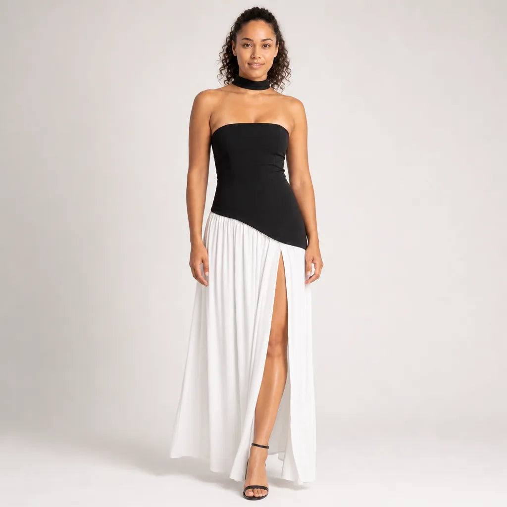 Women's Black and White Hancock Strapless Slit Dress