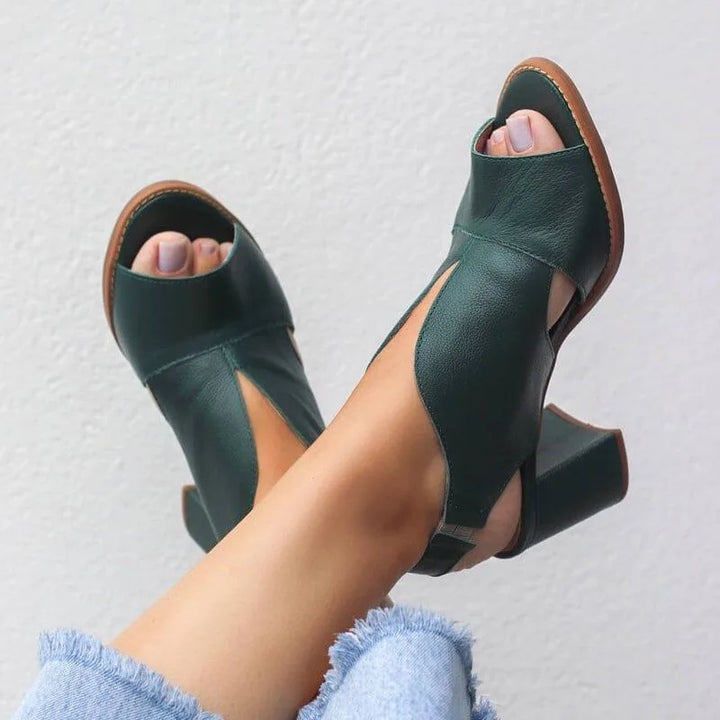 Celine Open Side Block Heels - Color:Army Green;Size:35