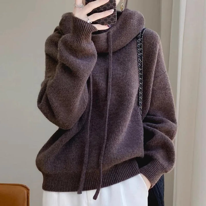 Charlotte | Women's Ribbed Hoodie Sweater  - Color:Brown;Size:XS