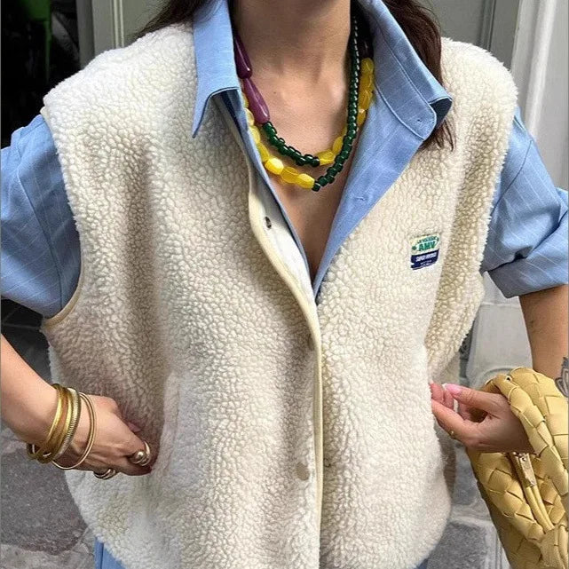 Christina | Women's Button-Up Lambswool Vest  - Color:Beige;Size:XS
