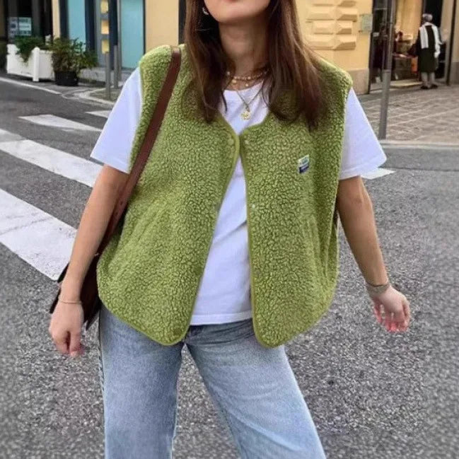 Christina | Women's Button-Up Lambswool Vest  - Color:Green;Size:XS