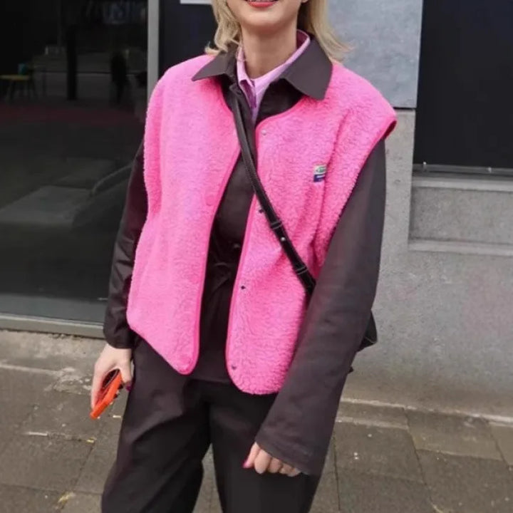 Christina | Women's Button-Up Lambswool Vest  - Color:Pink;Size:XS