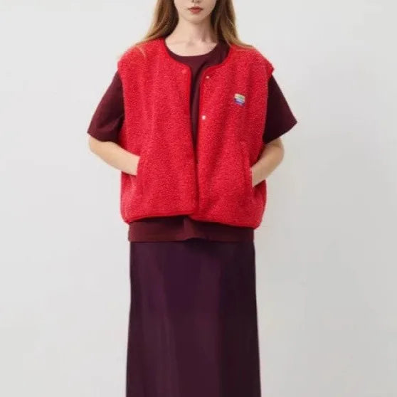 Christina | Women's Button-Up Lambswool Vest  - Color:Red;Size:XS