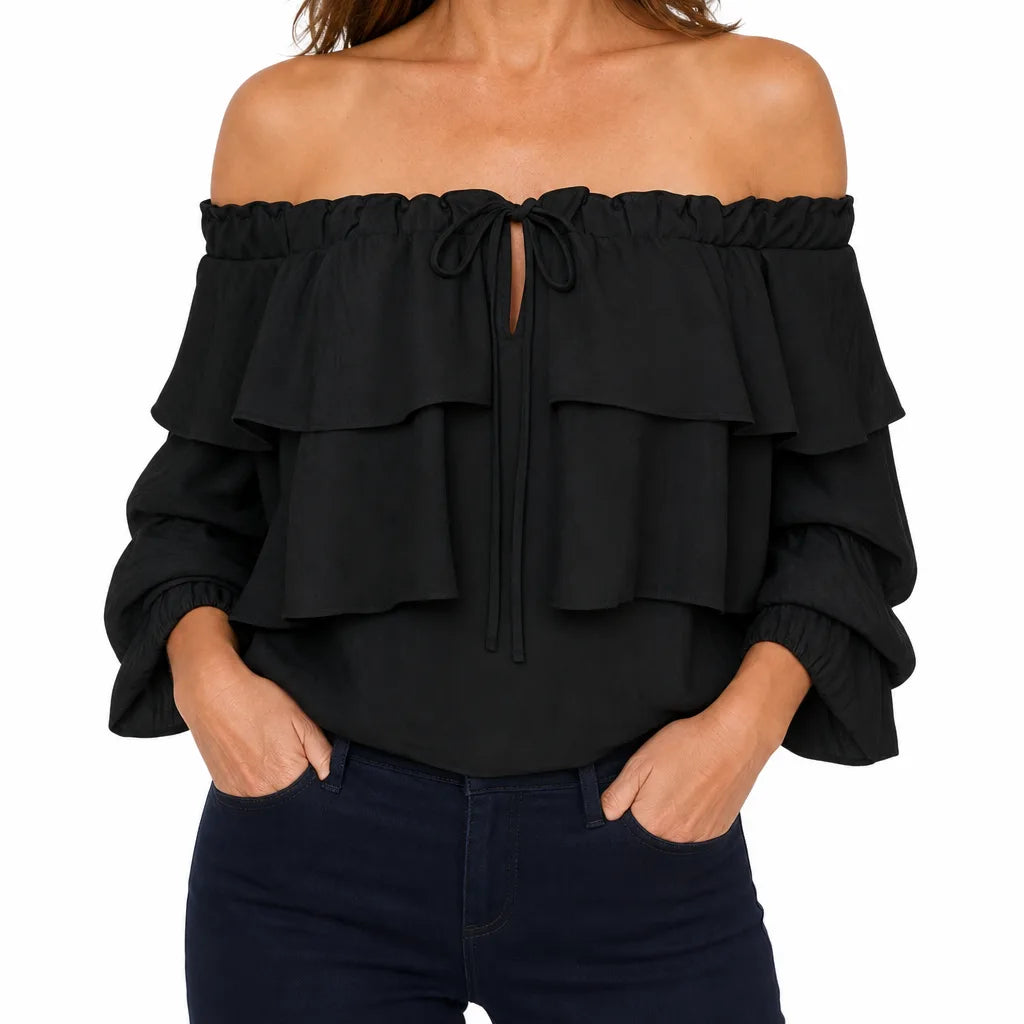 Conway | Women's Off-Shoulder Ruffle Blouse - Color:Black;Size:XS