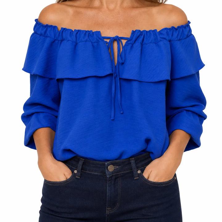 Conway | Women's Off-Shoulder Ruffle Blouse - Color:Blue;Size:XS