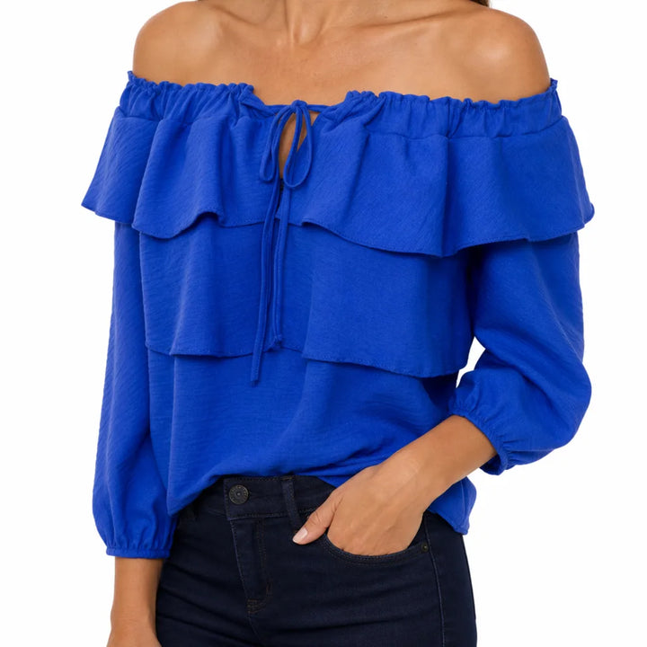 Women's Blue Conway Tie Ruffle Blouse