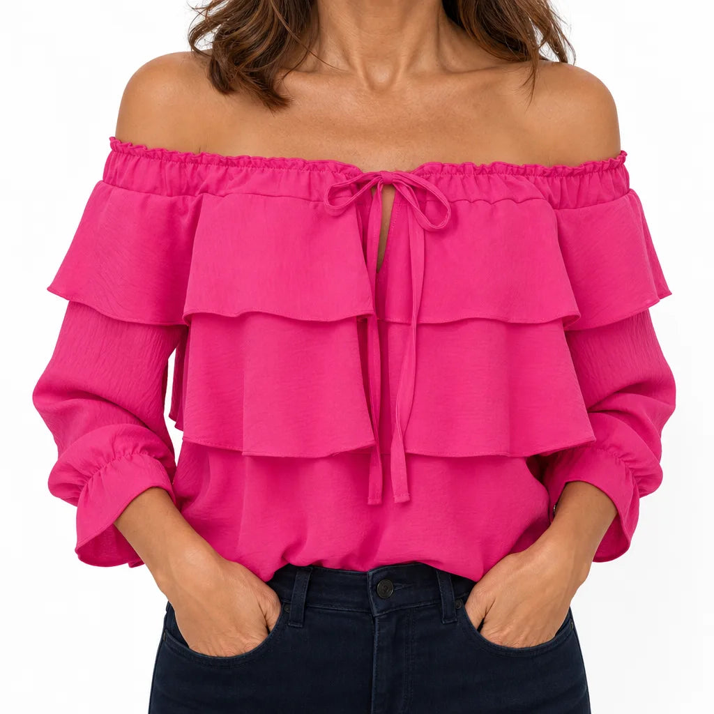 Conway | Women's Off-Shoulder Ruffle Blouse - Color:Pink;Size:XS