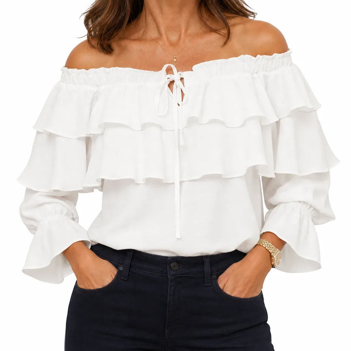 Conway | Women's Off-Shoulder Ruffle Blouse - Color:White;Size:XS