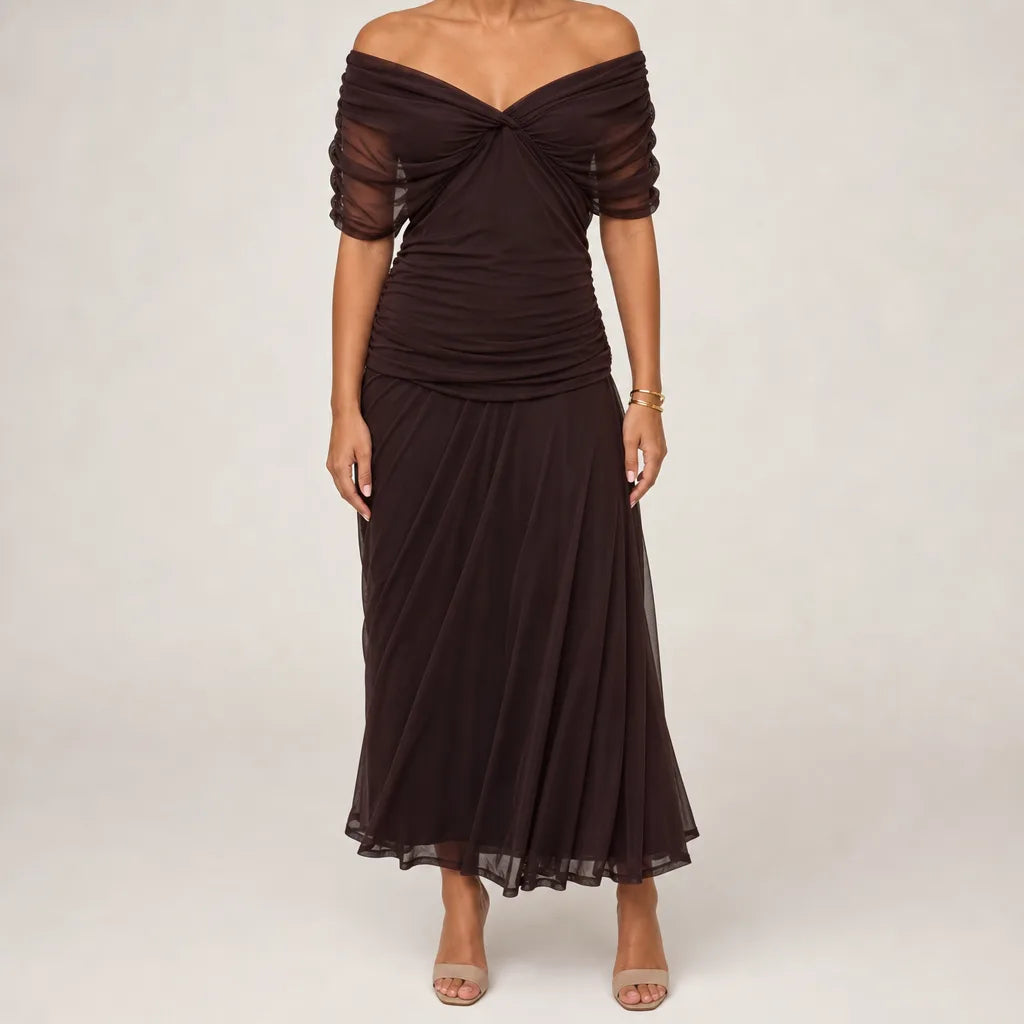 Coralie | Draped Mesh Maxi Dress - Color:Brown;Size:XS