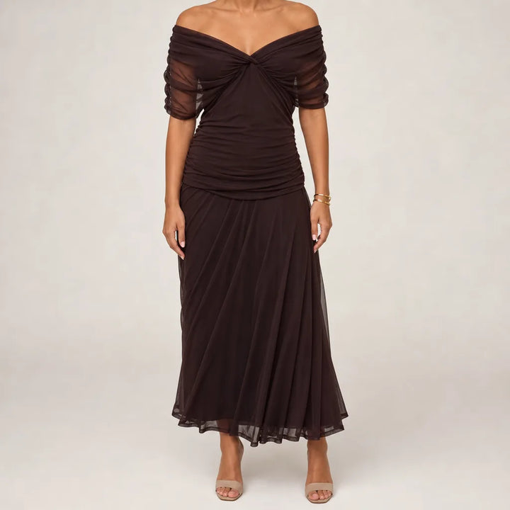 Coralie | Draped Mesh Maxi Dress - Color:Brown;Size:XS