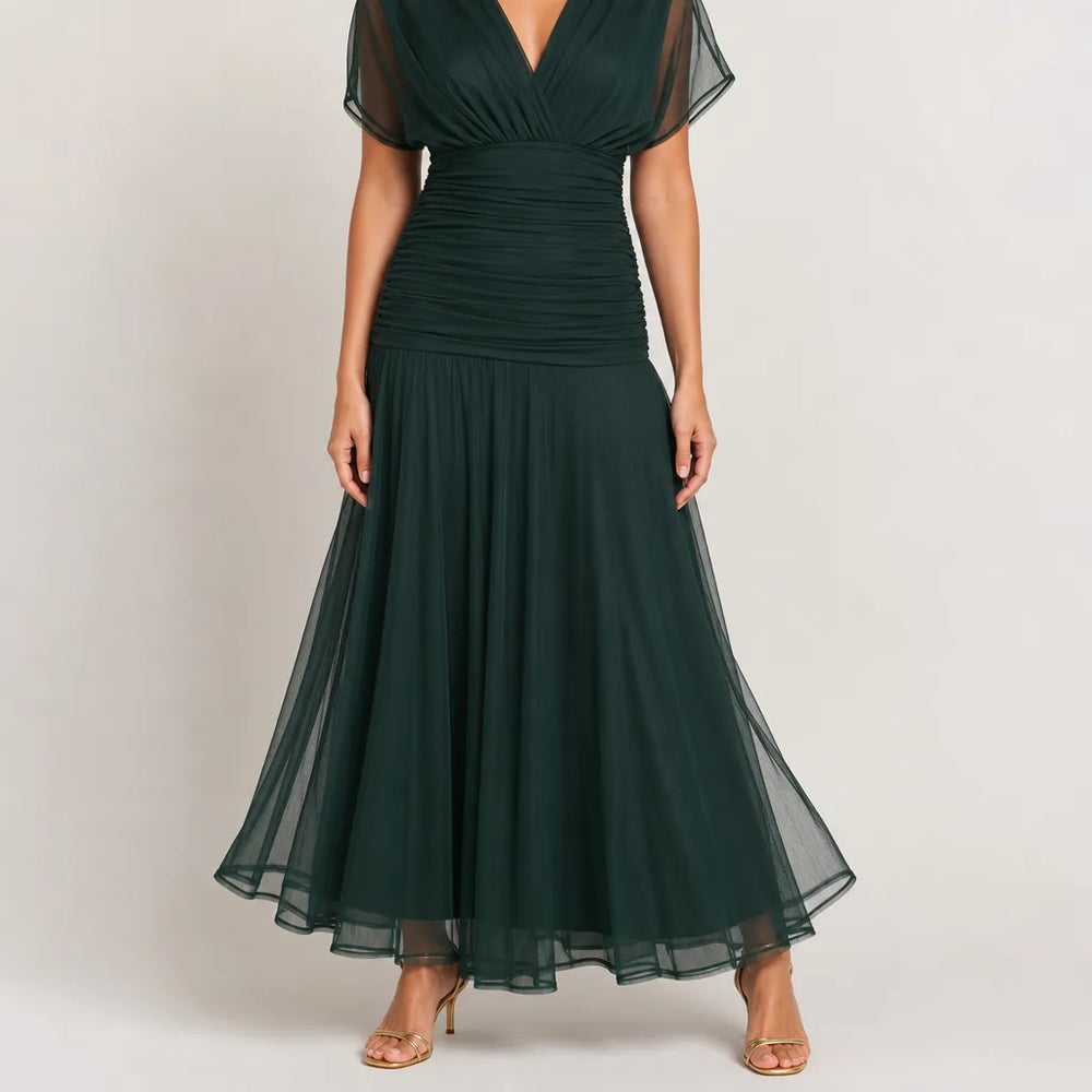 Coralie | Draped Mesh Maxi Dress - Color:Green;Size:XS