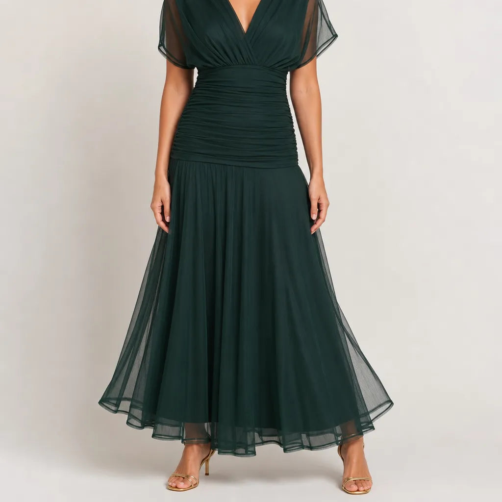 Coralie | Draped Mesh Maxi Dress - Color:Green;Size:XS