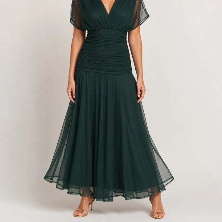 Coralie | Draped Mesh Maxi Dress - Color:Green;Size:XS