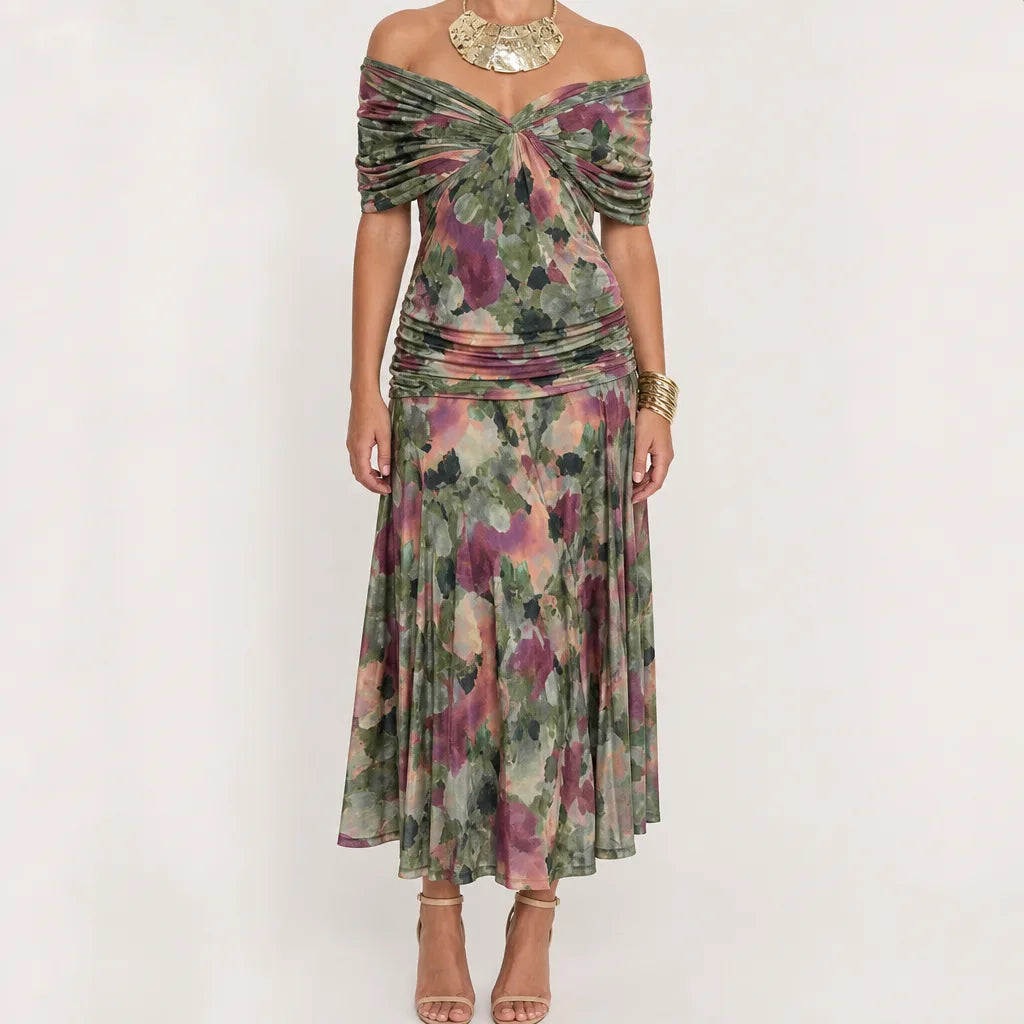 Coralie | Draped Mesh Maxi Dress - Color:Green Gray;Size:XS