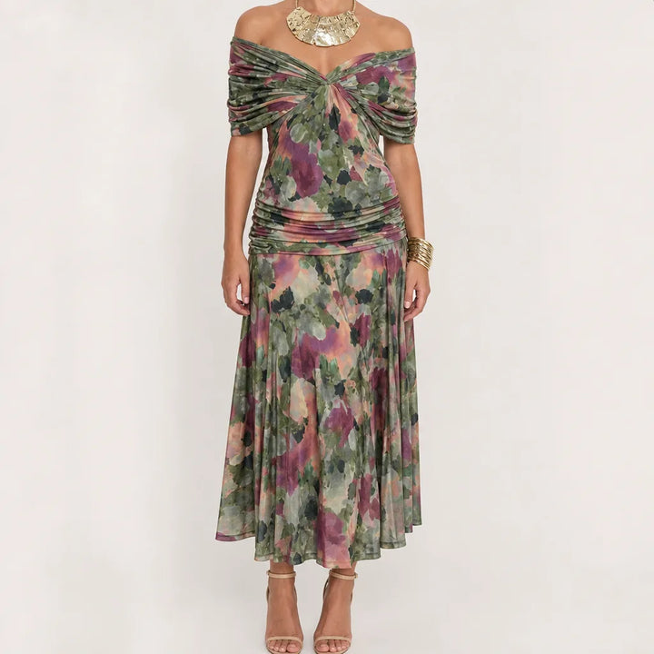 Coralie | Draped Mesh Maxi Dress - Color:Green Gray;Size:XS