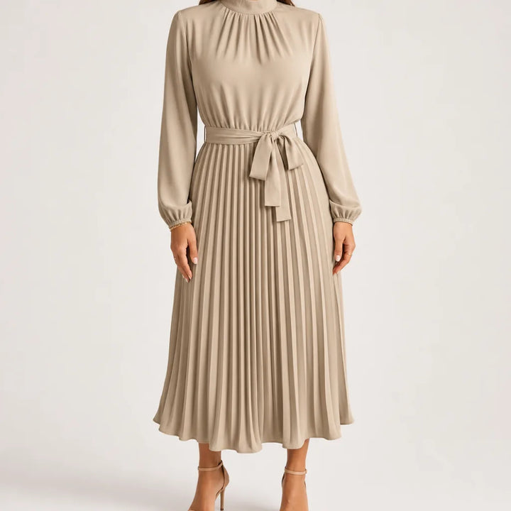 Coralie | Long Sleeve Pleated Belted Midi Dress - Color:Beige;Size:XS