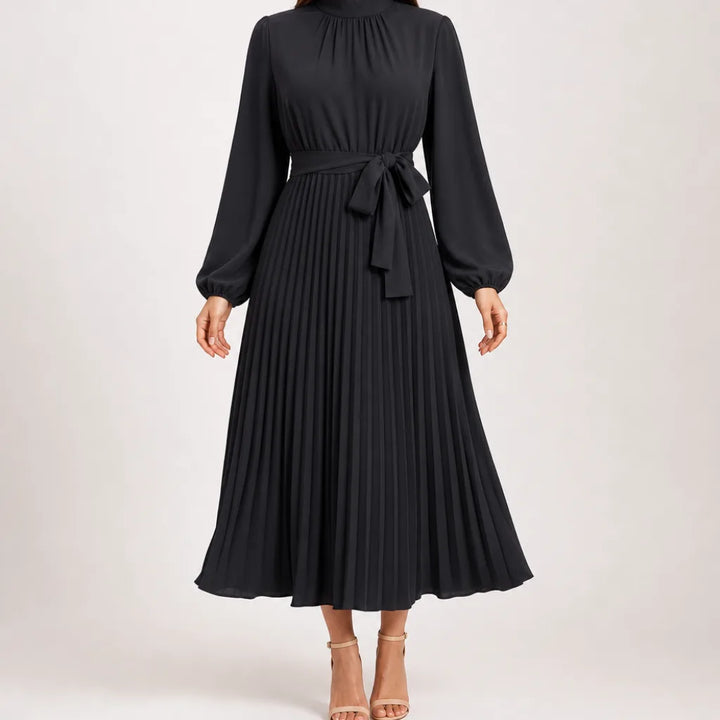 Coralie | Long Sleeve Pleated Belted Midi Dress - Color:Black;Size:XS