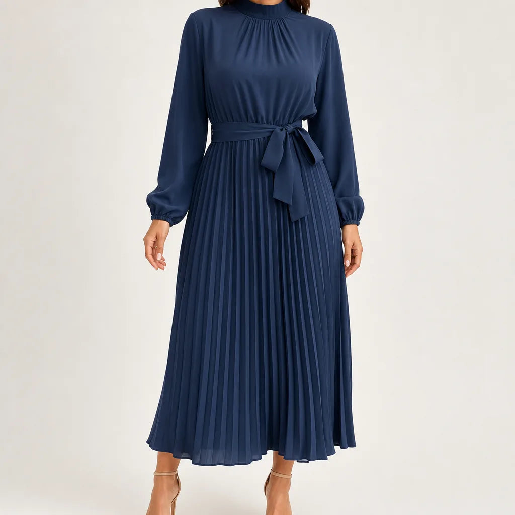Coralie | Long Sleeve Pleated Belted Midi Dress - Color:Blue;Size:XS