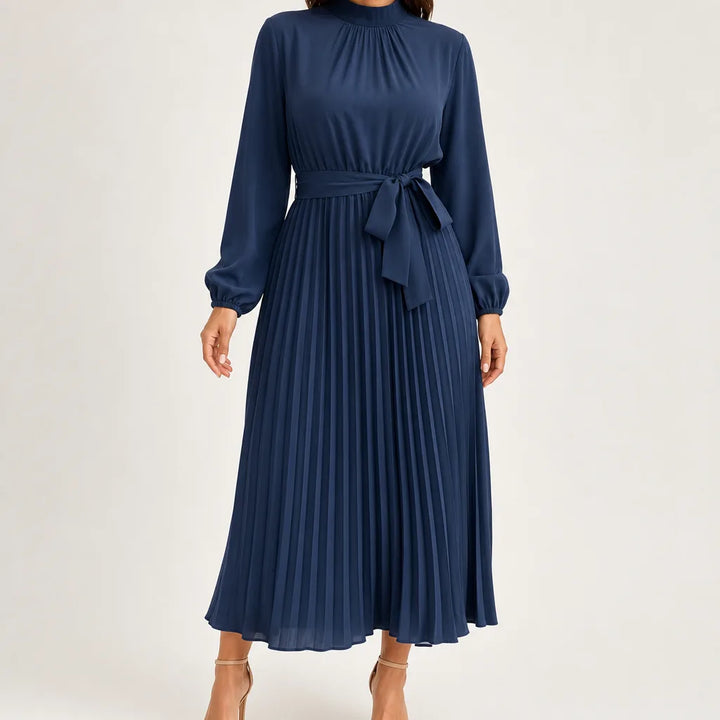 Coralie | Long Sleeve Pleated Belted Midi Dress - Color:Blue;Size:XS